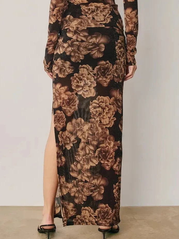 Jovie Metallic Floral Side Slit Maxi Skirt