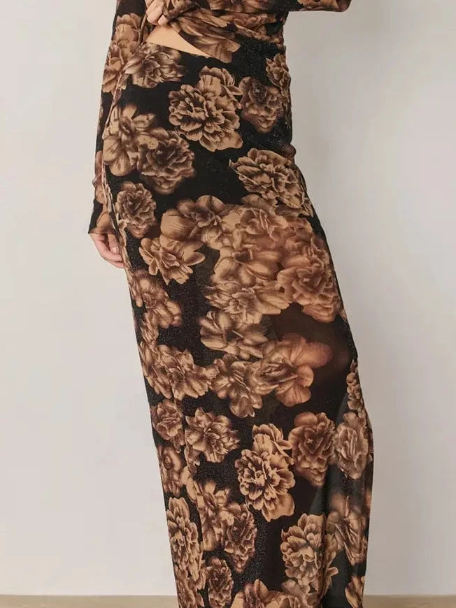 Jovie Metallic Floral Side Slit Maxi Skirt