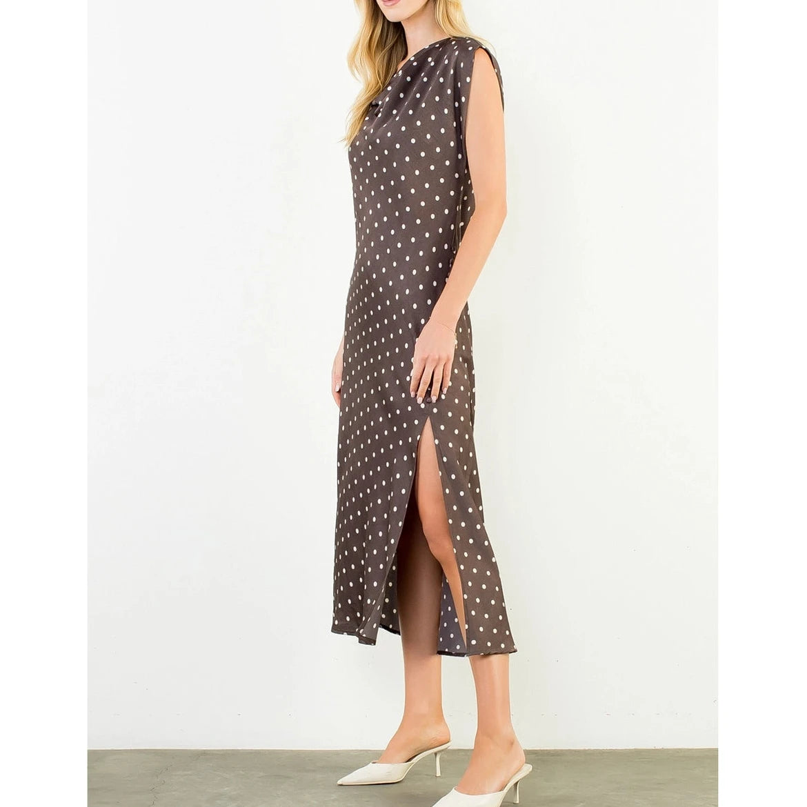 Vienne Cowl Neck Polka Dot Slit Dress