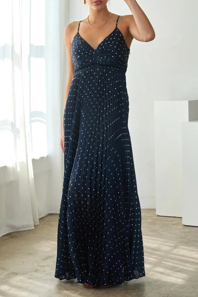 Tanner Polka Dot Pleated Maxi Dress with Back Cutout