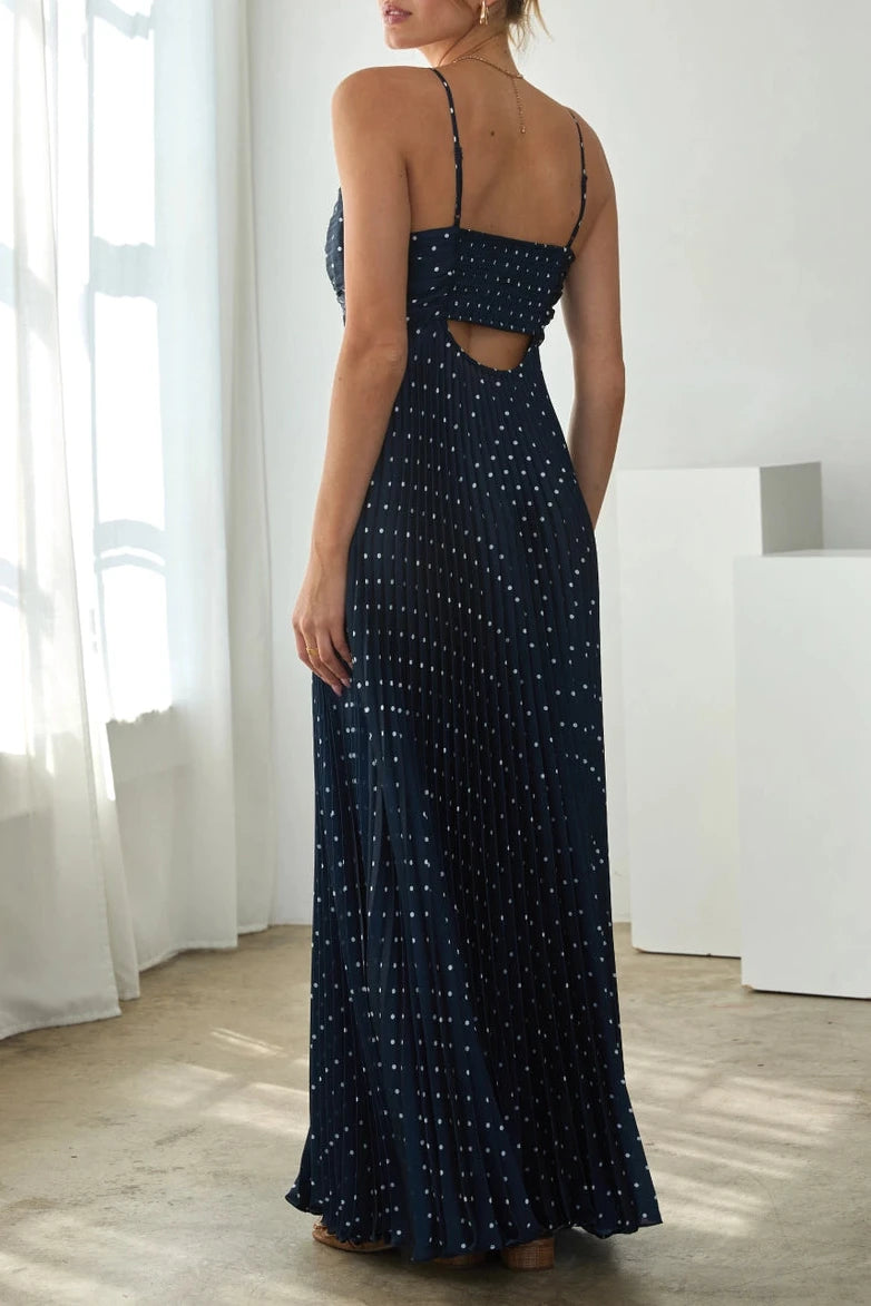 Tanner Polka Dot Pleated Maxi Dress with Back Cutout