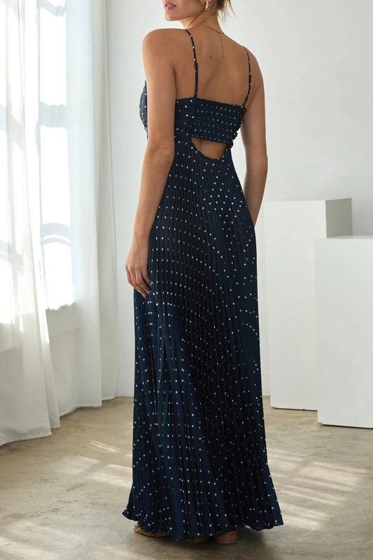 Tanner Polka Dot Pleated Maxi Dress with Back Cutout