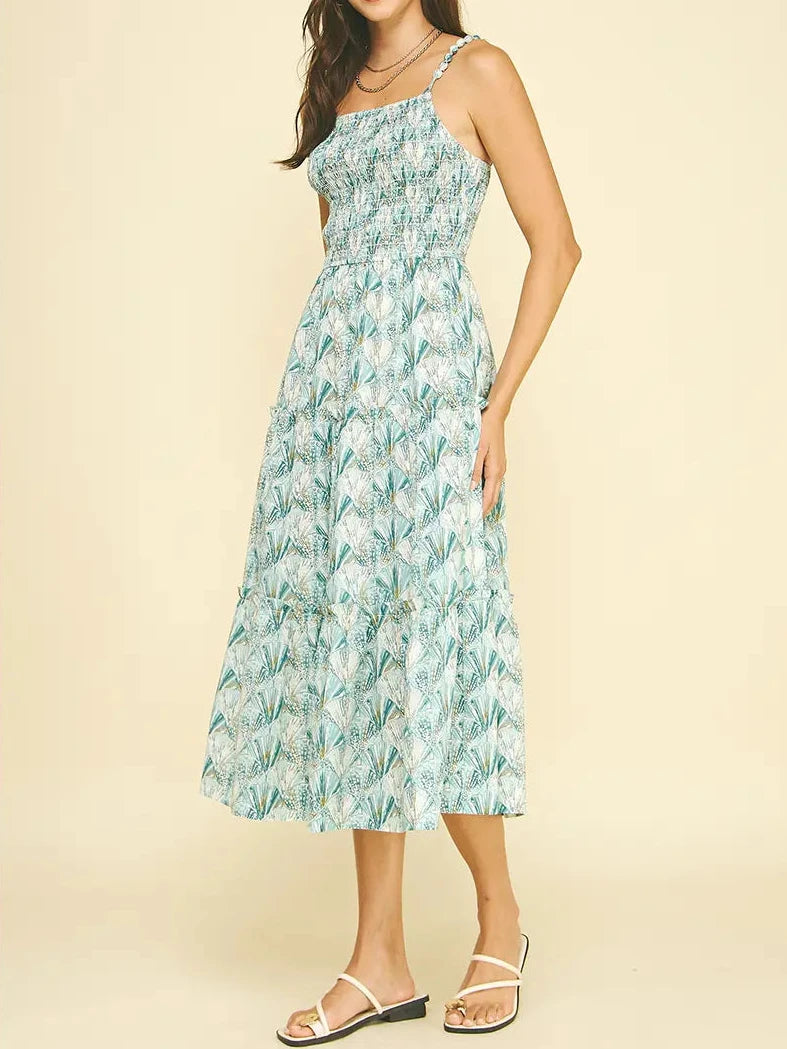 Bay Seashell Print Tiered Midi Dress