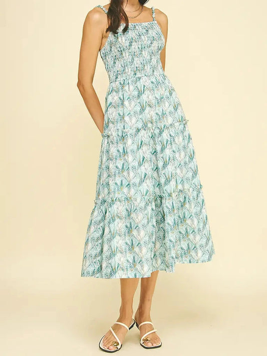 Bay Seashell Print Tiered Midi Dress