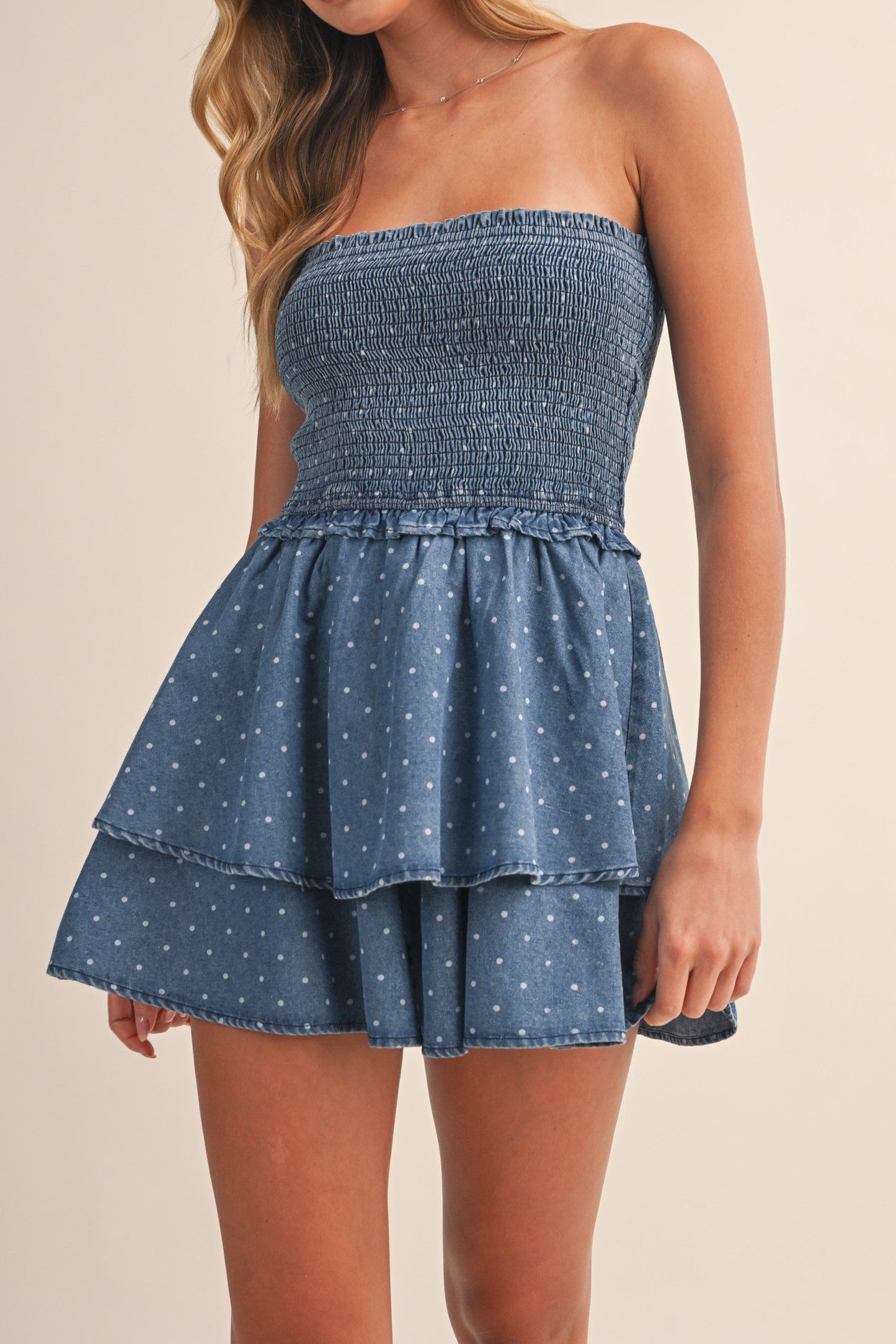 Kylie Denim Polkadot Smocked Top Ruffled Romper