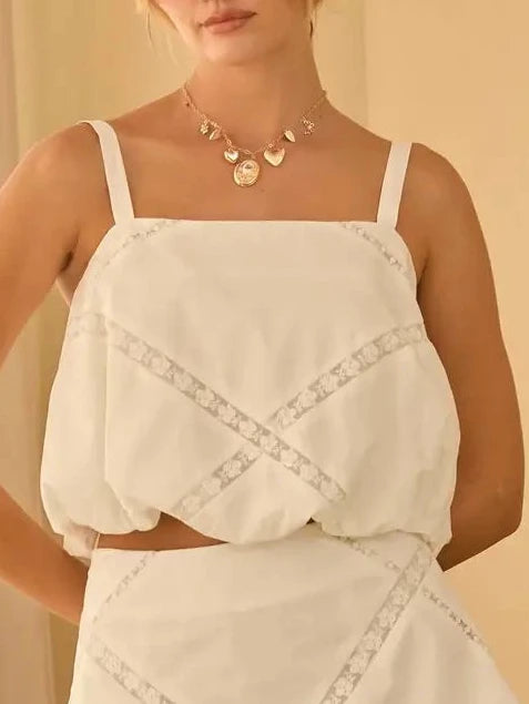 Clare Sleeveless Lace Trim Bubble Hem Crop Top