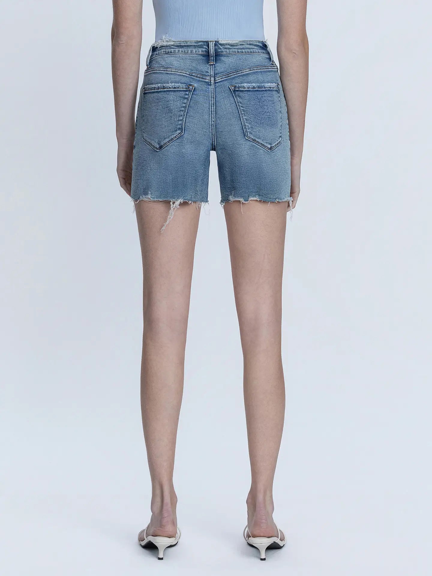 Vervet | High Rise Distressed Raw Hem Denim Shorts