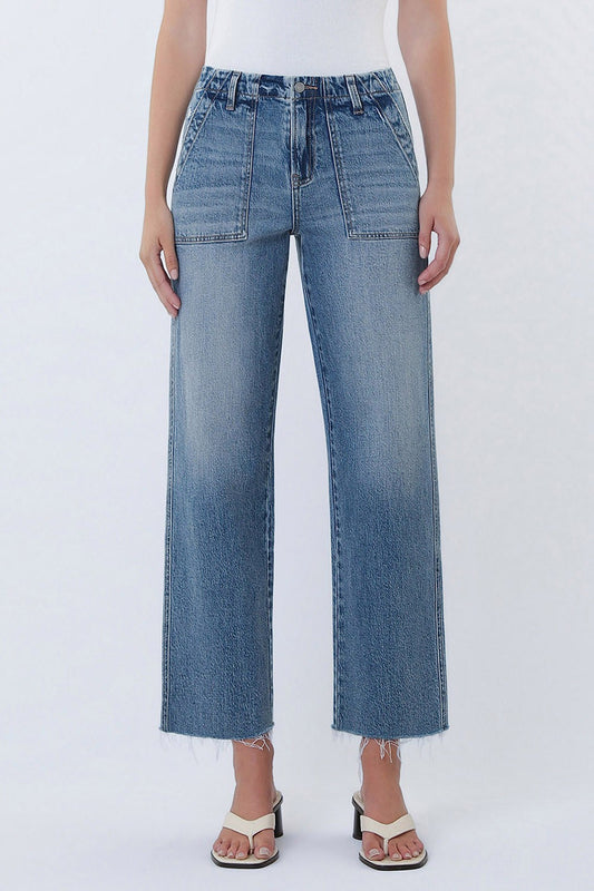 High Rise Patch Pocket Slim Wide Jeans