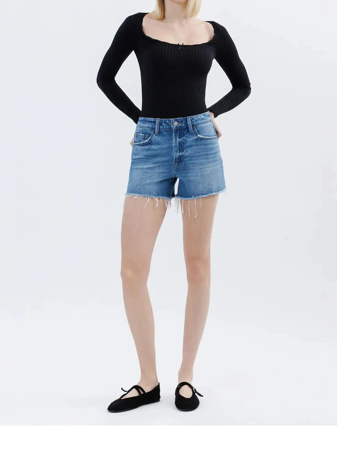High Rise Raw Hem Denim Shorts