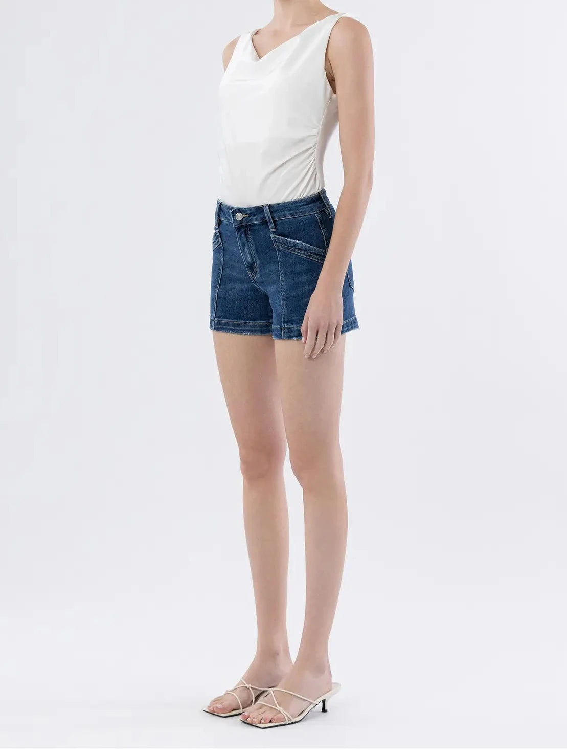 High Rise Trouser Hem Utility Denim Shorts