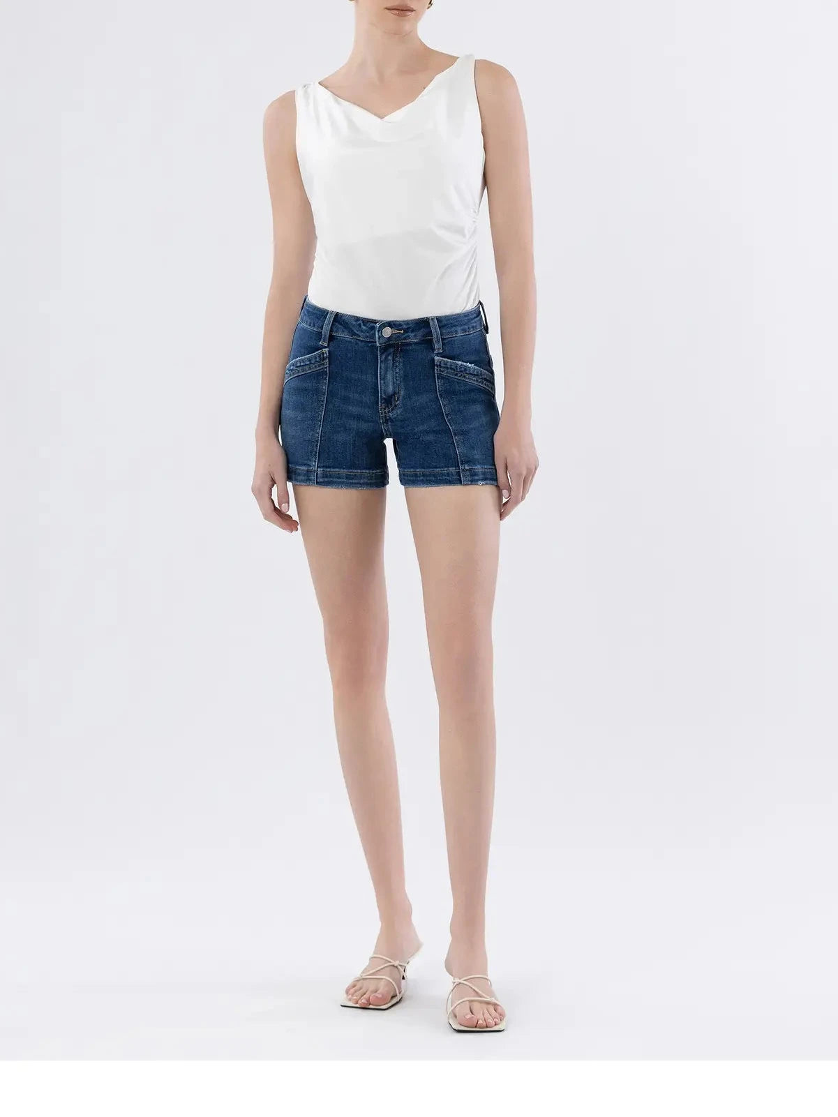 High Rise Trouser Hem Utility Denim Shorts