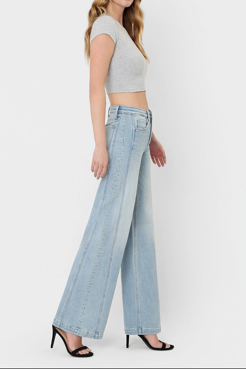 HIGH RISE LIGHT WASH SIDE PANEL WIDE LEG JEANS