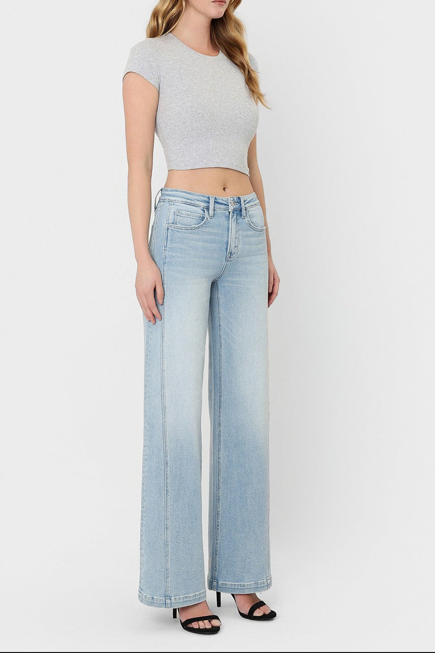 HIGH RISE LIGHT WASH SIDE PANEL WIDE LEG JEANS