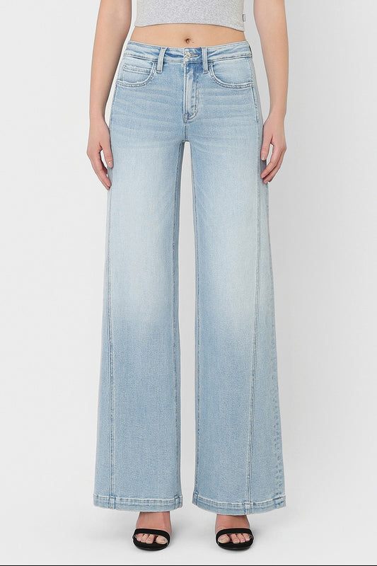 HIGH RISE LIGHT WASH SIDE PANEL WIDE LEG JEANS