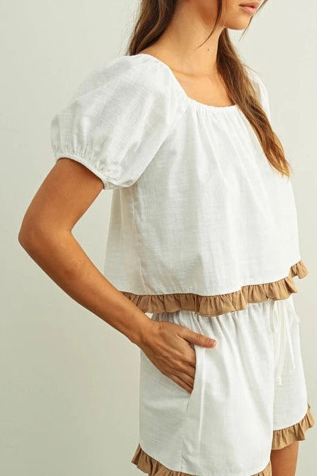 Grace Square Neck Ruffled Hem Short Sleeve Linen Top