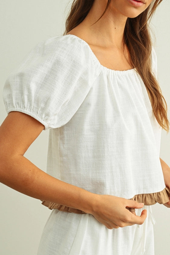 Grace Square Neck Ruffled Hem Short Sleeve Linen Top